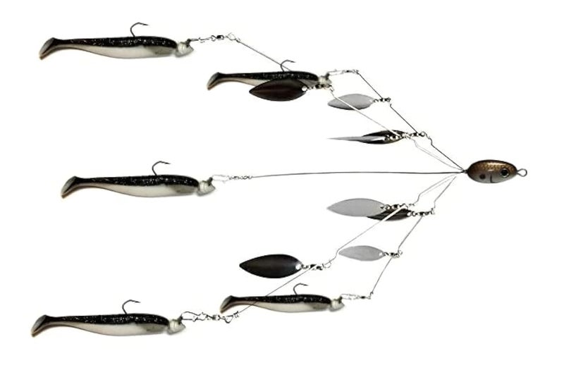 Fishing Vault Fully Rigged 5 Arms 8 Bladed Umbrella Rig Bass Lure W/Swim Baits and Jig Heads Included - Image 1